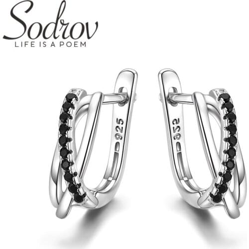 SODROV Genuine 925 Sterling Silver Earrings Hoop Earrings for Women Black Spinel Silver 925 Jewelry I023