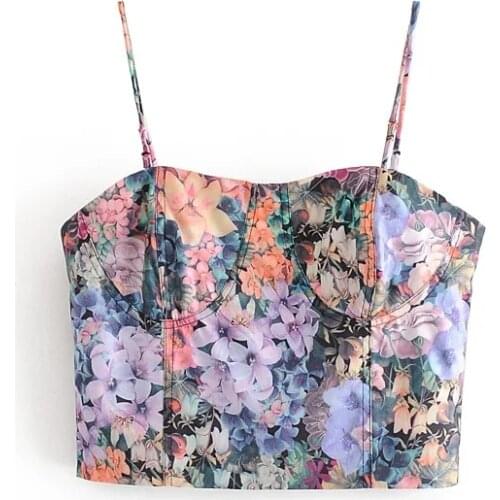 ShesModa Vintage French Style Ins Floral Print Strapes Wapped Chest Cropped Top Camis Back Zipper bustier top Cotton