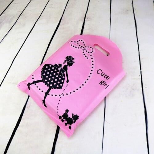 Wholesale 50pcs Dress Print Pink Plastic Bag Big Jewelry Boutique Gift Packaging Plastic Storage Bags With Handle