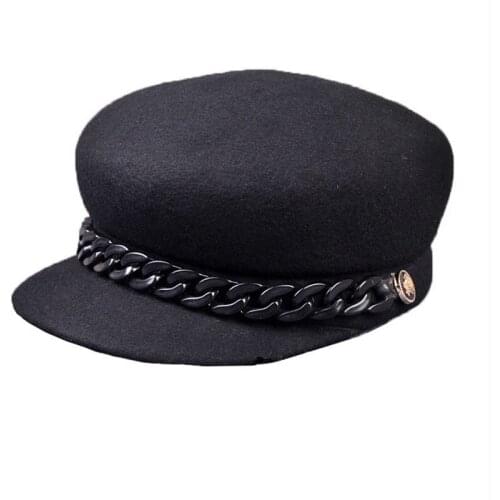 100% Wool Gray Black Winter Hat Warm Wool HatWomen Fashion Chain Newsboy Caps Hat Female