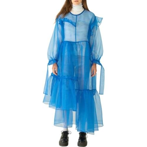 2020 New Trend Blue Tulle Dresses For Women Ankle Length Party Gowns Jewel Puff Long Sleeve Ruffles Streetwear Zipper Back