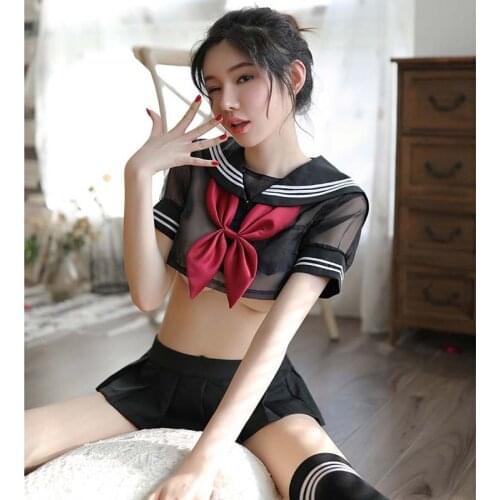 Sweet Sailor Collar Lingerie Set Women Bowknot Transparent Mini Top Sexy Pleated Skirt Temptation Student Role Playing Uniform