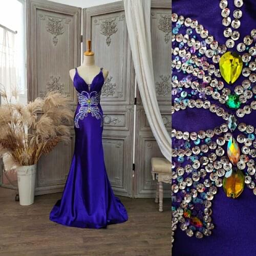 2021 Blue Evening Dress Mermaid Crystal Beads Straps Satin Backless Floor Length Formal Evening Gown for Women
