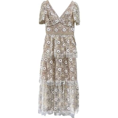 2021 Spring Summer New Arrive Womens Sequin Midi Dress V Neck Short Sleeve Fashion Female Holiday Dresses Lady Cake Dress