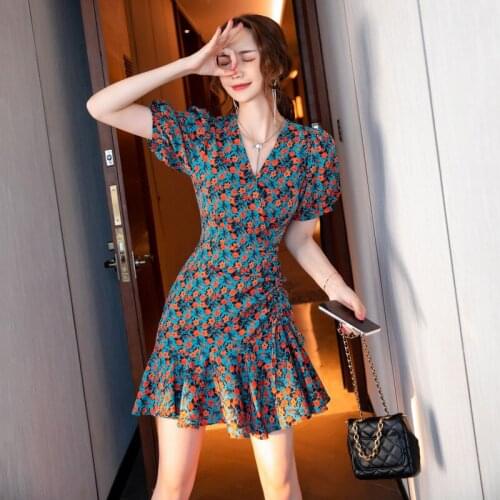 2021 New Summer Women Floral Print Dress Vintage Chic V Neck Puff Sleeve Ruffle Casual Korean French Style Lady Drawstring Dress