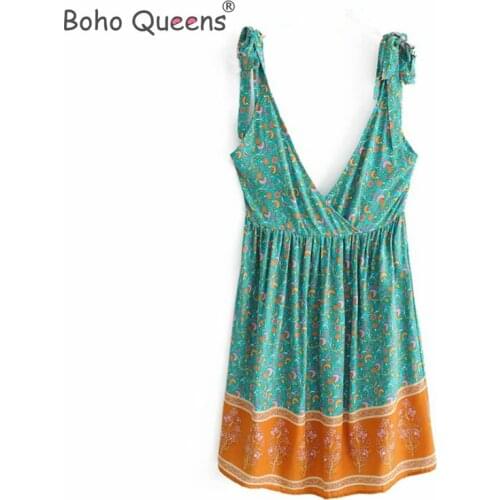 Boho Queens Women floral print cross v-neck sleeveless beach Bohemian dress Ladies Summer rayon mini dress vestidos