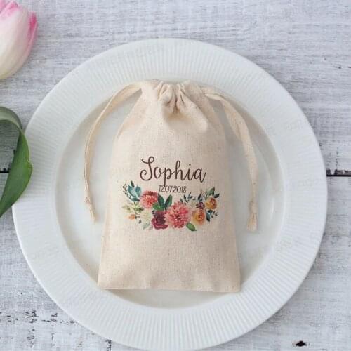 100PCS Custom name date Drawstring Bag Personalized wedding logo Bags Gift Packaging baby shower Wedding Gifts for Guests