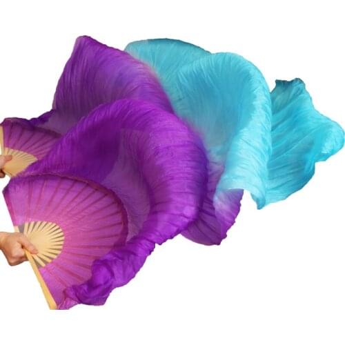 2018 Newest Handmade Bamboo Ribs Dance Props Silk Belly Dancing Fans Natural Silk 1 Pc Left hand+Right hand Purple+Turquoise