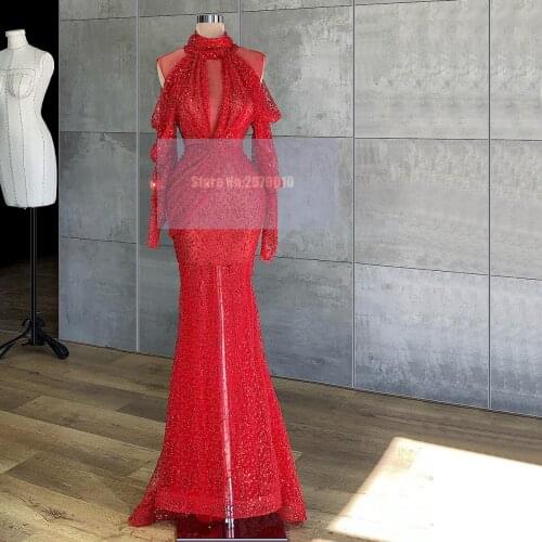 Sparkly Illusion Red Mermaid Evening Dress Beaded Sequins Floor-Length Prom Dress Pageant Dress Vestido de festa 2020 Dubai
