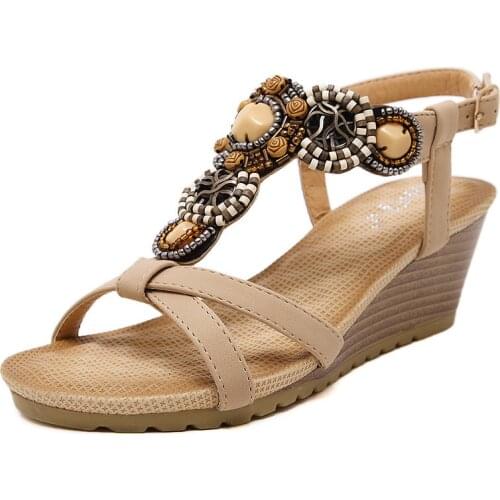Brand 2017 Bohemia Wedge Women Sandals Summer Vintage Rhinestone Woman Flip Flops Beach Women Shoes