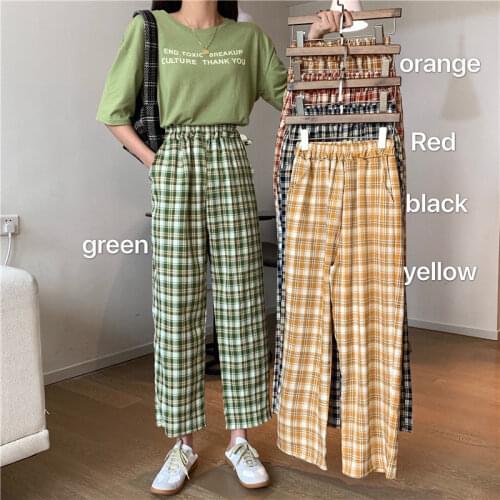 Wide Leg Pants Women Fashion Plaid Ulzzang Loose High Waist Leisure Chic Female Trousers Sweatpant Pockets Summer Streetwear