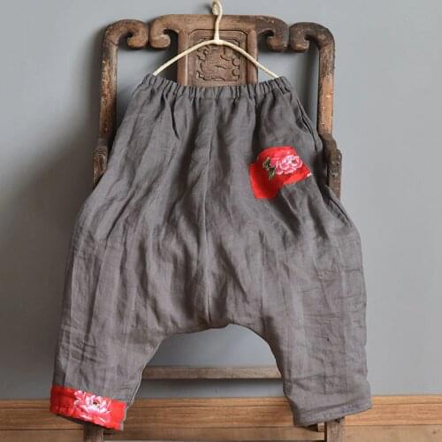 Warm Thick Cross-pants Women Winter Patchwork Casual Elastic Waist Vintage Trousers Chinese Style Baggy Vintage Bloomers Joggers