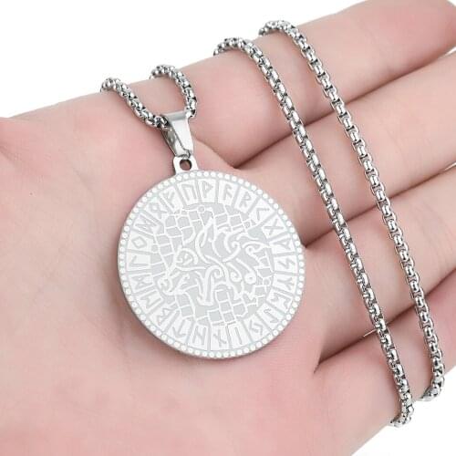 Cxwind Stainless Steel Round Viking Fenrir Wolf Rune Pendant Necklace Geometric Necklaces For Women Girl Chocker Amulet Jewelry