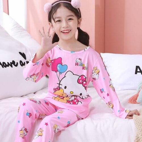 Hello Kitty Children Long Sleeved Sleepwear Suits Baby KT Cat Nightwear Pyjamas Kids Homewear Home Clothes Cotton Baby Girls