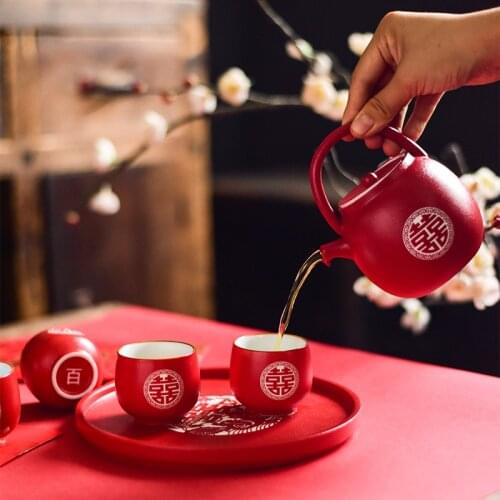 Chinese wedding ceramic tea pot cup tray set China red double happiness newly-married gift box teapot teacup creative teaware