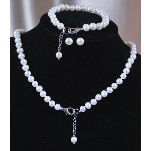 7-7.5mm White Akoya Cultured Shell Pearl Necklace Bracelet Earrings Set DIY Fashion Jewelry Set Natural Stone (Minimum Order 1)