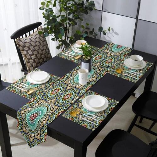 Morocco Colorful Flowers Arabesque Table Runner Placemats Set Country Wedding Table Decoration for Kitchen Home Dining Holiday