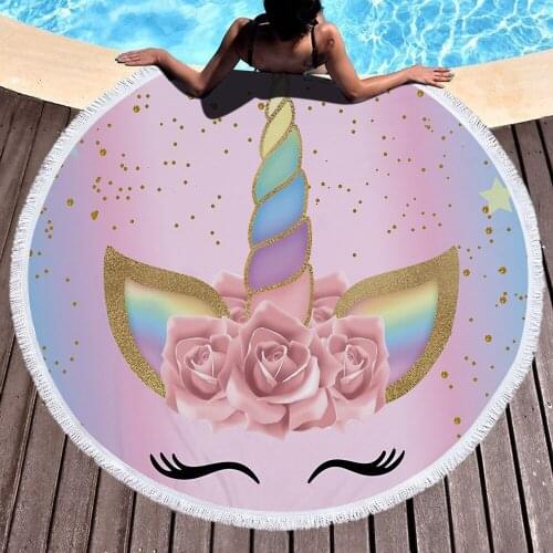 Cute Unicorn Series Beach Towel with Tassel Round Sport Yoga Blanket Girls Kids Microfiber Swimming Bath Towel Diameter 150cm