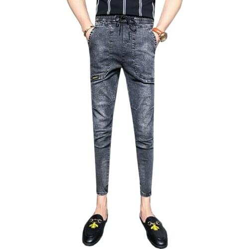 Fashion 2021 Denim Pants drawstring mens slim feet pants social people tie feet spirit guy teenager ankle length jeans