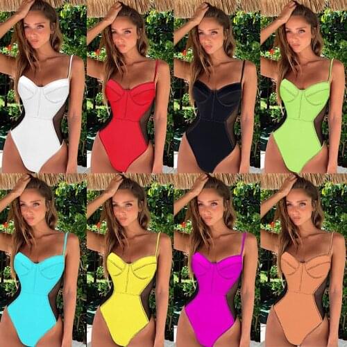 2021 New Solid Color One Piece Women‘s Swimsuit Sexy Mesh Bikini Beach Bathing Swiming Suit Backless Monokini Female Swimwear