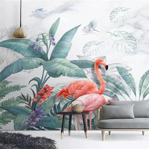 Beibehang Custom silky papel de parede 3d wallpaper Nordic hand-painted small fresh tropical plants flamingo decorative painting