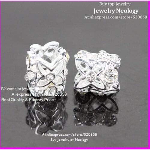 Wholesale 50pcs High quality Silver Plated Metal flower bead inlay rhinestone Large Hole Charms Beads Fit European jewelry