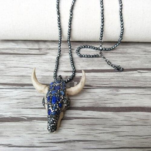 5 Strands Hematite beads necklace horn cattle Tau Pendant pave Crystal Rhinestone Stone Boho necklaces for women NK383