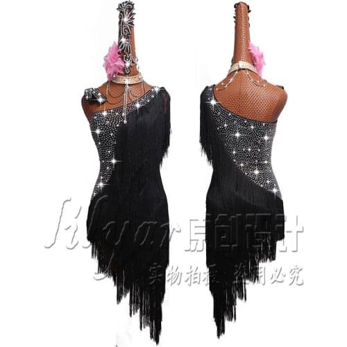 Latin Dance Dress Latin Skirt Competition Dress Costumes Performing Dresses Sparkly Rhinestones Customize Children Tassel Skirts