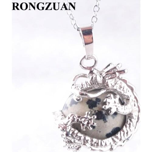 RONGZUAN Dragon Animal charm pendant Natural Stone Jaspers Round Ball 16mm Bead Silvers Chain Necklace 18 inches Jewelry TN3145