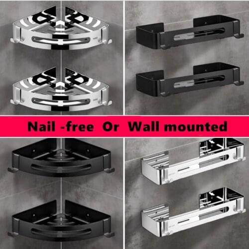Nail Free Bathroom Shelves Stainless steel Shower Corner Shelf Wall Mount Shampoo Storage Shelf Kitchen Condiment Rack