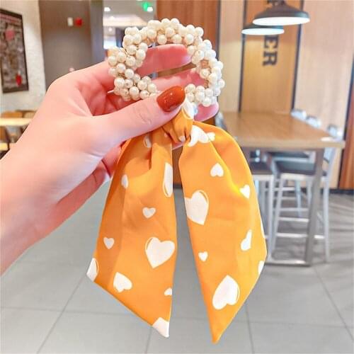 Women Pearl Hair Ties Fashion Ribbon Hairband Scrunchies Girls Ponytail Holders Bow Rubber Band Hair Accessories Headwear