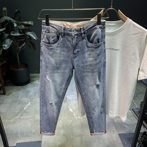 Ripped Denim jeans 2021 mens trendy brand loose summer thin elastic feet pants mens Korean harem teenagers cropped pants