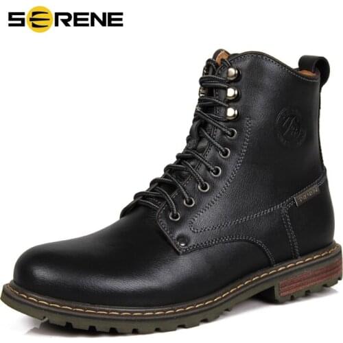 SERENE Brand Winter Mens Boots Fur Warm Cow Leather Boots British Retro Winter Tooling Boots Mens Shoes Lace Up Army Boots 3123