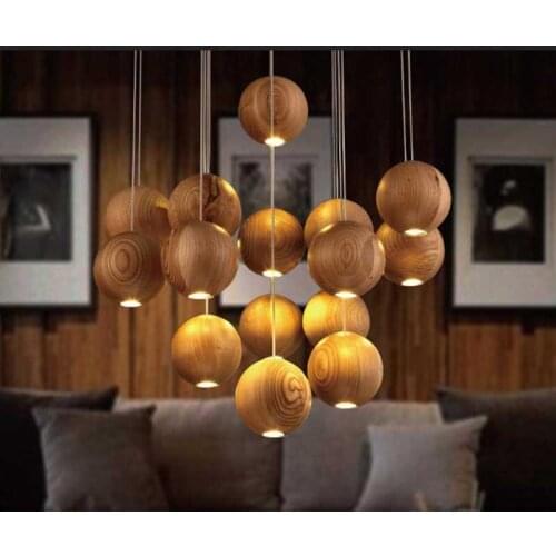 Modern Ball Solid Wood Chandelier Japanese Nordic Creative Living Room Dining Three Single-head Wooden Pendant Lights Lamp