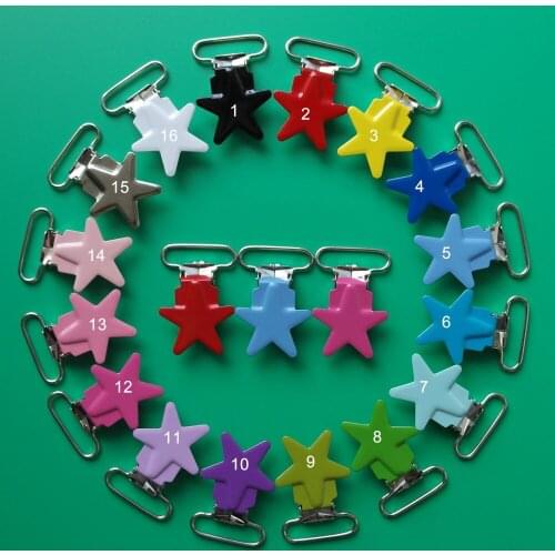 Sutoyuen 100pcs 25mm Wide Star Shape Baby Pacifier Clips Suspender Clip Dummy Soother Nipple Bib Holder Lead Free Mix 16 Colrs