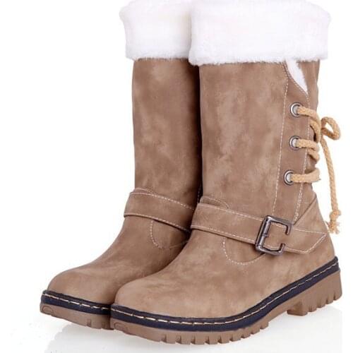 Warm Winter Women Boots Waterproof Platforms Winter Mid-calf Boots Round Toe Solid Buckle Strap Plush Winter Womens Snow Boots