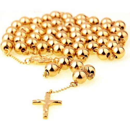 Heavy Gold Silver Color Solid 10mm Jesus cross rosary Necklace stainless steel Jewelry (34''+7'') in fashion Women Mens Jewelry