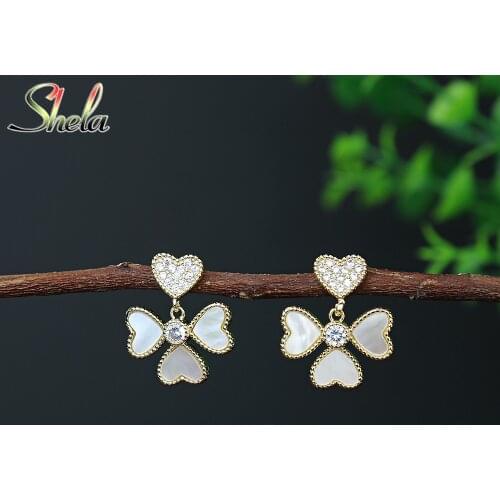 Flower Four Leaf Clover Earrings For Women Rhinestone Shell Fashion Jewelry Pendientes Dangle S925 Sterling SilverPin