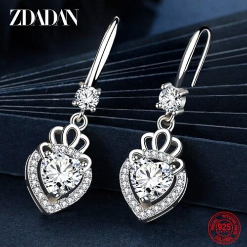 ZDADAN New Arrival 925 Sterling Silver Heart Crown Drop Earrings For Women Birthday Party Jewelry Accessories