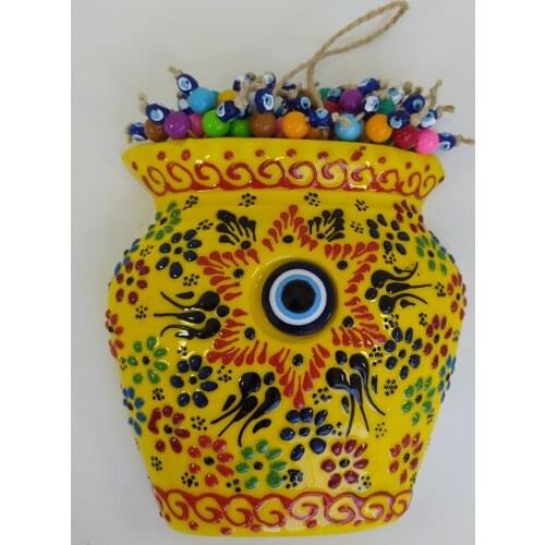 Yellow Ceramic Evil Eye Vase Handmade Wall Pendant Turkish Home Decor Traditional Ornament Charm Amulet Talisman