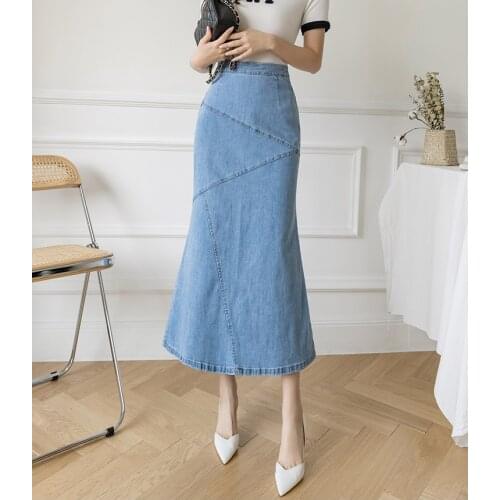 BULOCHOVA Vintage Big Size Women Sexy Package Hip Cowboy Mermaid Skirt 2021 Newest Lady High Waist A Line Denim Long Skirts XXL