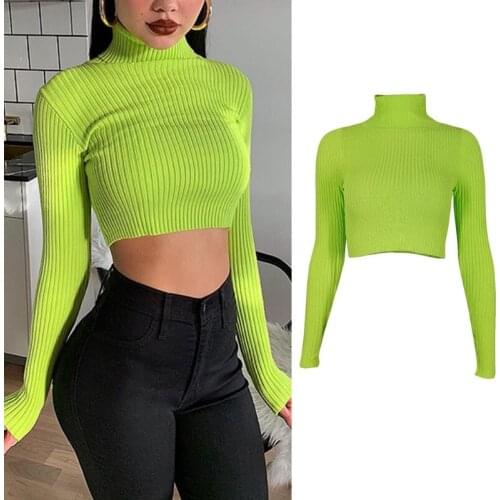 Women Autumn Long Sleeve Turtleneck Sweater Ribbed Knitted Bodycon Crop Top Fluorescent Neon Green Solid Pullover Jumper T