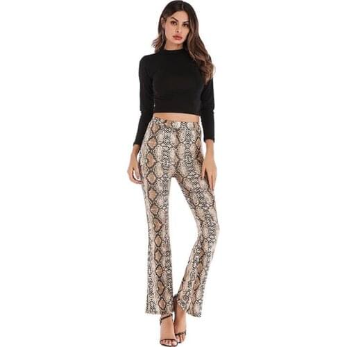 Women Autumn Snake Skin Print Flare Pants Pop Vogue Sexy Club Long Pants Female Loose Elastic Waist Bodycon Trousers Pant