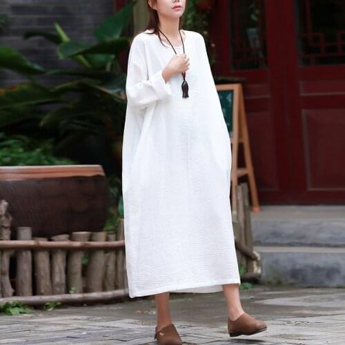 Johnature Cotton Linen Women Dresses Solid Color 2021 New Autumn O-Neck Long Sleeve 5 Color Casual Women Clothing Loose Dresses