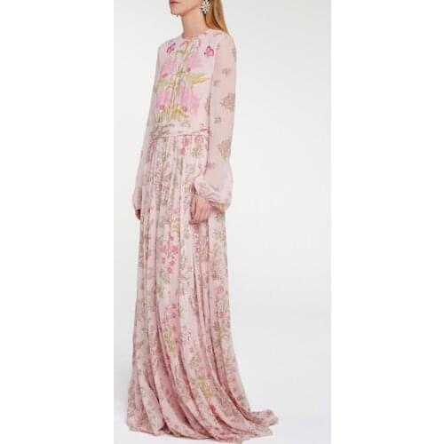 Runway Designer Women 2021 Dress Summer Elegant Vintage O-neck Long Sleeve Floral Printed Long Dresses Chiffon