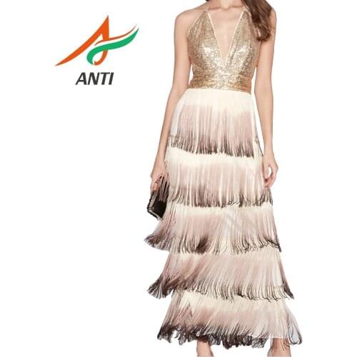 ANTI Fashion Sequined Sexy V-Neck Evening Dress Sleeveless Backless Robe De Soiree Vestido De Festa Formal Party Evening Gowns