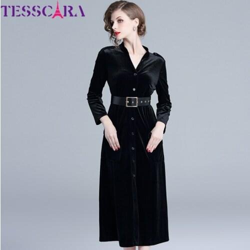 TESSCARA Women Autumn & Winter Elegant Velvet Office Dress Festa Female High Quality Designer Party Vestidos Vintage Robe Femme