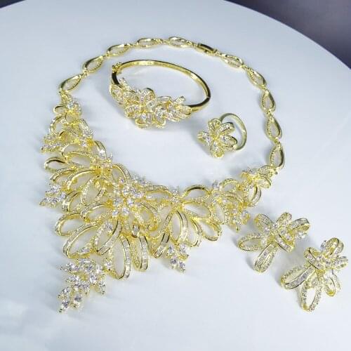 2020 new fashion luxury crystal zircon golden necklace earring bracelet ring wedding bride banquet dinner jewelry set free ship
