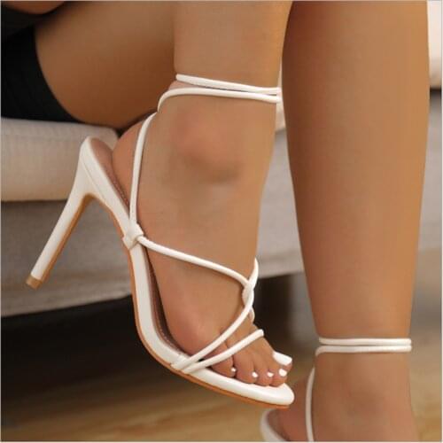 2021Summer Woman Shoes Sandals Basic Pu Fashion Cross-tied Spike Heels Lace-Up Party Pumps Black White Apricot Open Ankle Strap