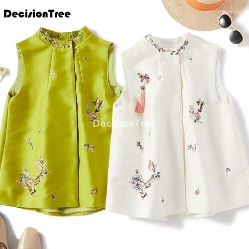 2021 embroidery qipao chinese top women camis silk satin traditional top women style sexy sleeveless vest stand collar tang vest